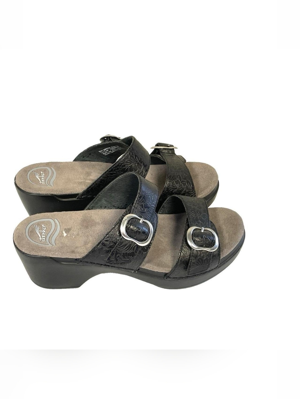Dansko Sandals Womens 38 7.5-8 Sophie Black Floral Embossed Leather Shoes Buckle
